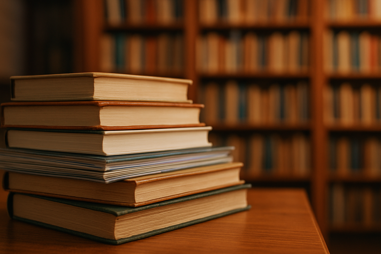 libri e riviste impilati su un tavolo in primo piano. Effetto leggermente sfocato sullo sfondo dove c'è una libreria piena di libri ordinatamente disposti