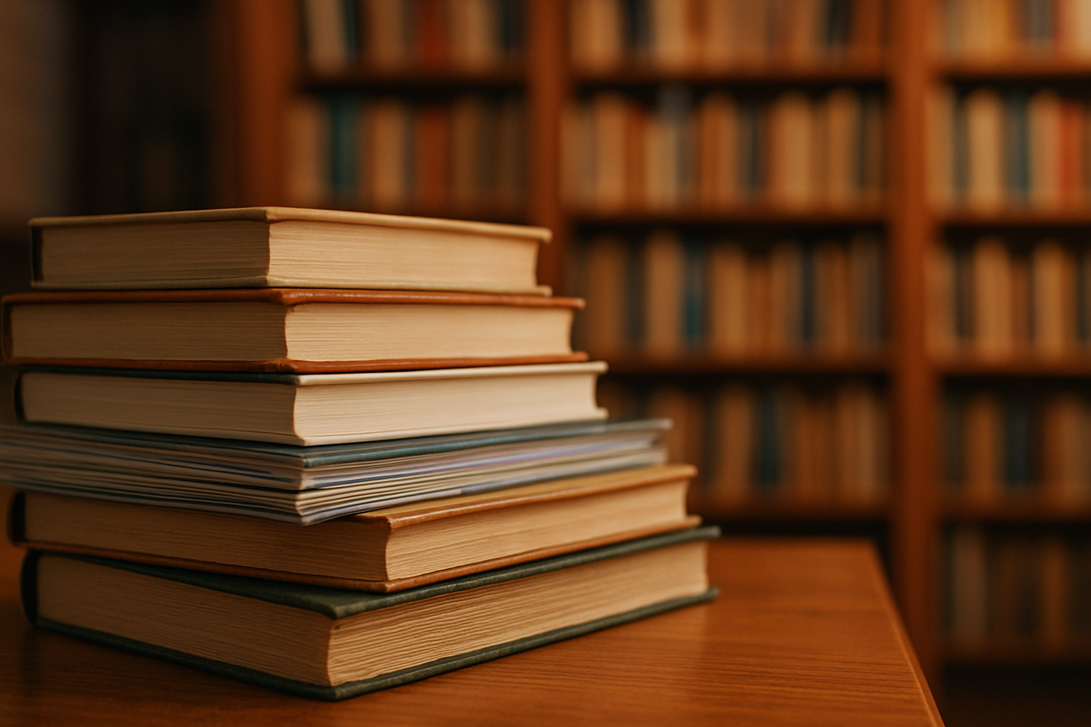 libri e riviste impilati su un tavolo in primo piano. Effetto leggermente sfocato sullo sfondo dove c'è una libreria piena di libri ordinatamente disposti
